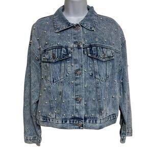Shein Pearls Denim Jacket Womens Size S